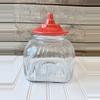 plant/Vintage glass jar with red ceramic lid 8 1/2" tall x 5" diameter (lid just sits)-0-thumbnail