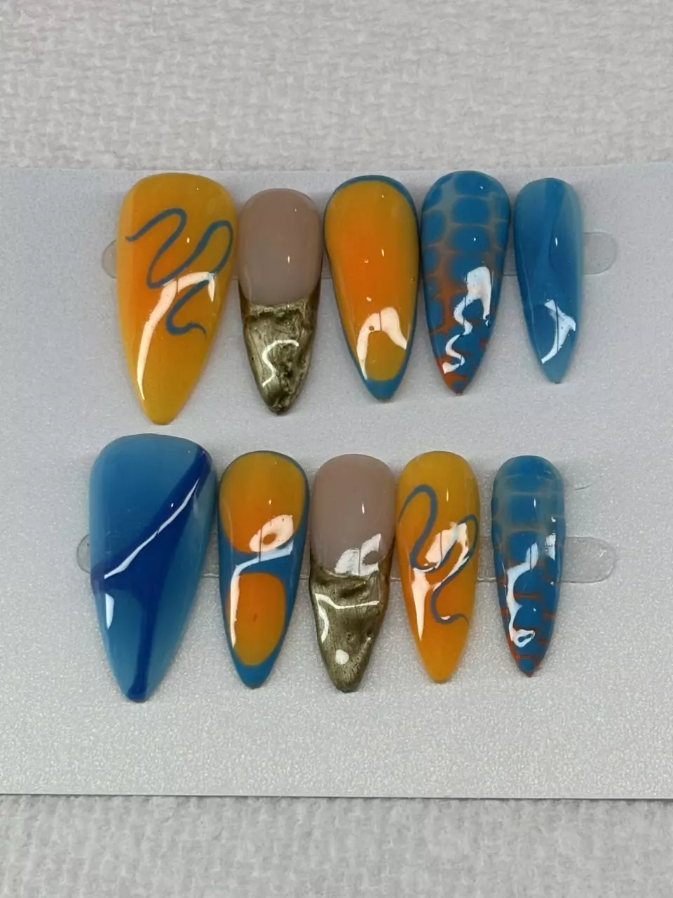 plant/Blue and orange with funky design press on nails-0