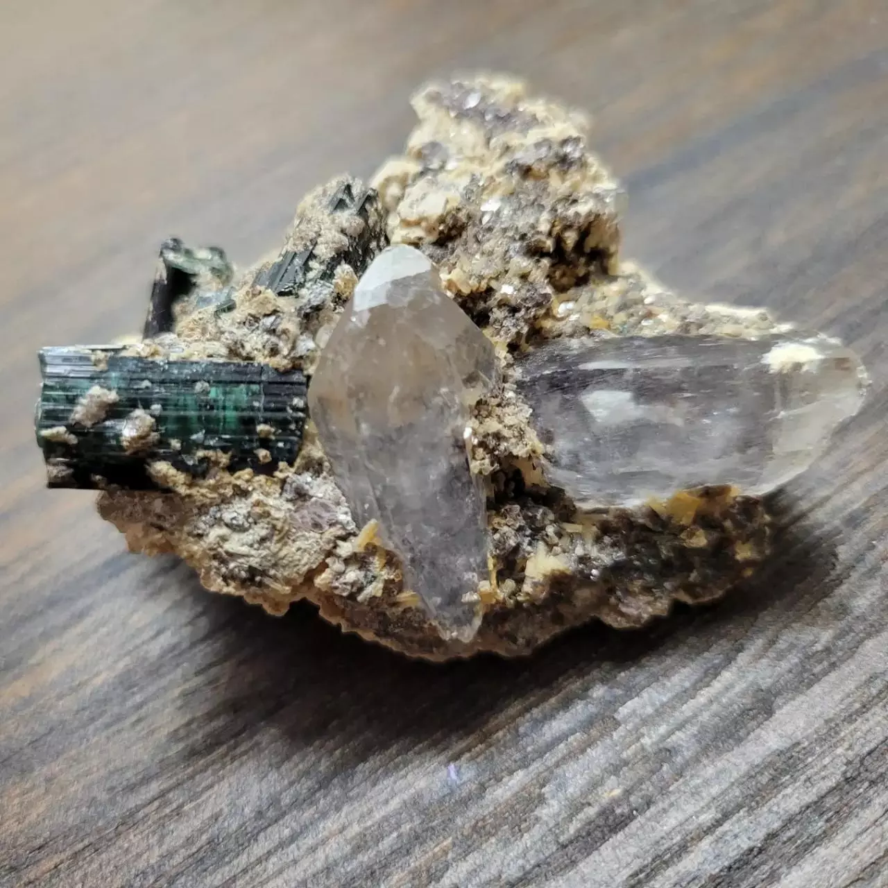 plant/Green Tourmaline+Smoky Quartz on Matrix-0