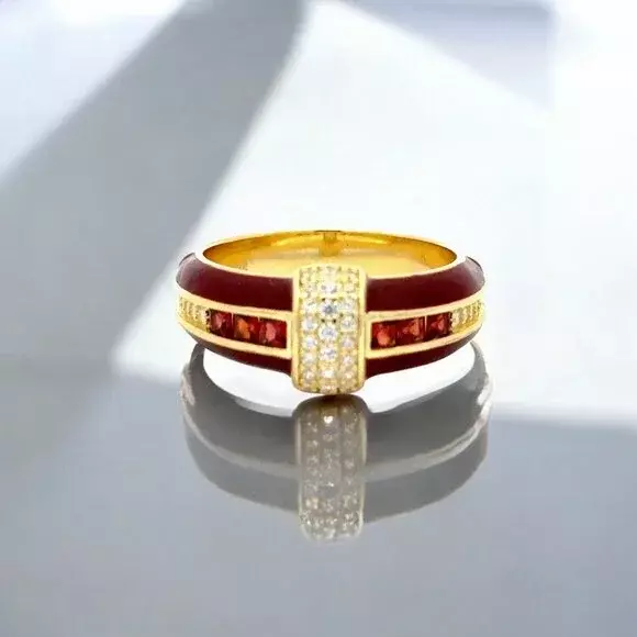 plant/Princess Cut Garnet and Lab Diamond Red Enamel Ring-0