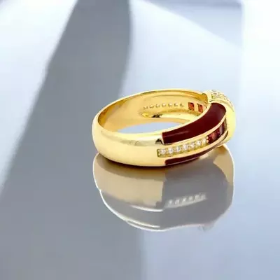 plant/Princess Cut Garnet and Lab Diamond Red Enamel Ring-2-thumbnail