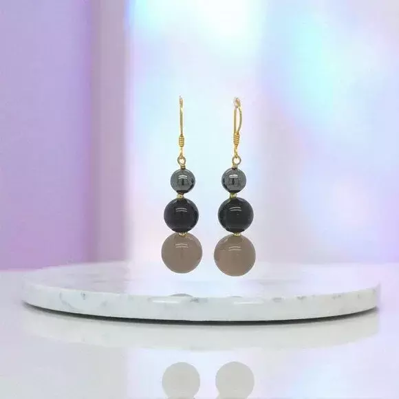 plant/Hematite, Black Agate, and Gray Agate Earrings in Gold Plated Sterling Silver-0