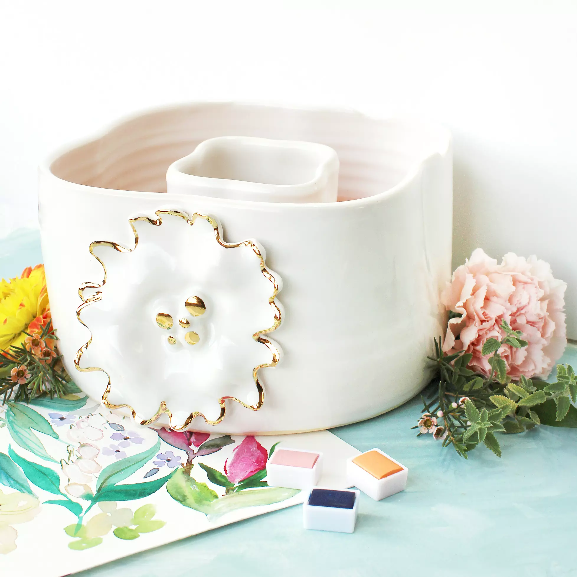 plant/Gold and White Double Well Painter's Pot-0