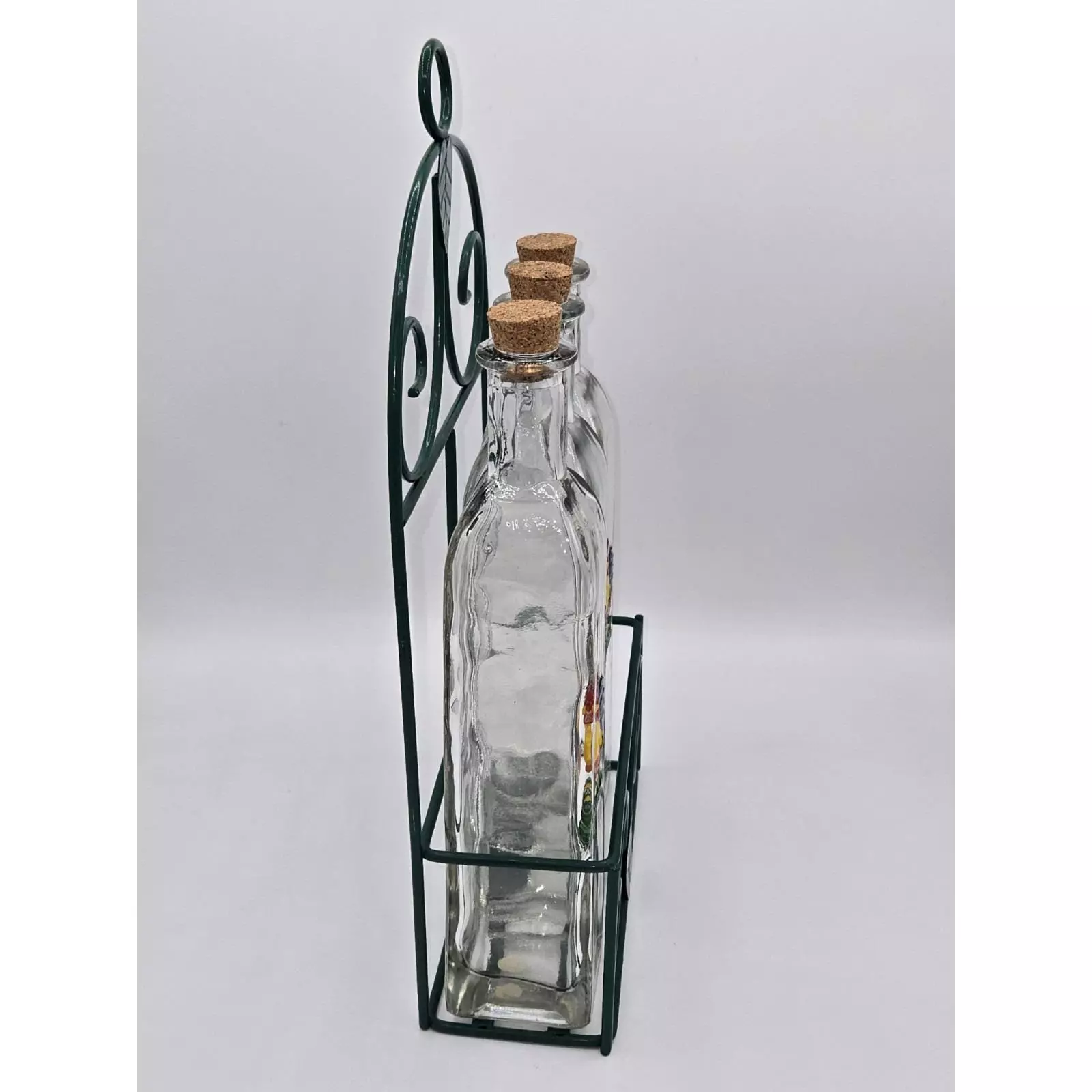 plant/Vintage Rooster Oil and Vinegar Glass Bottles In Holder Set of 3-1