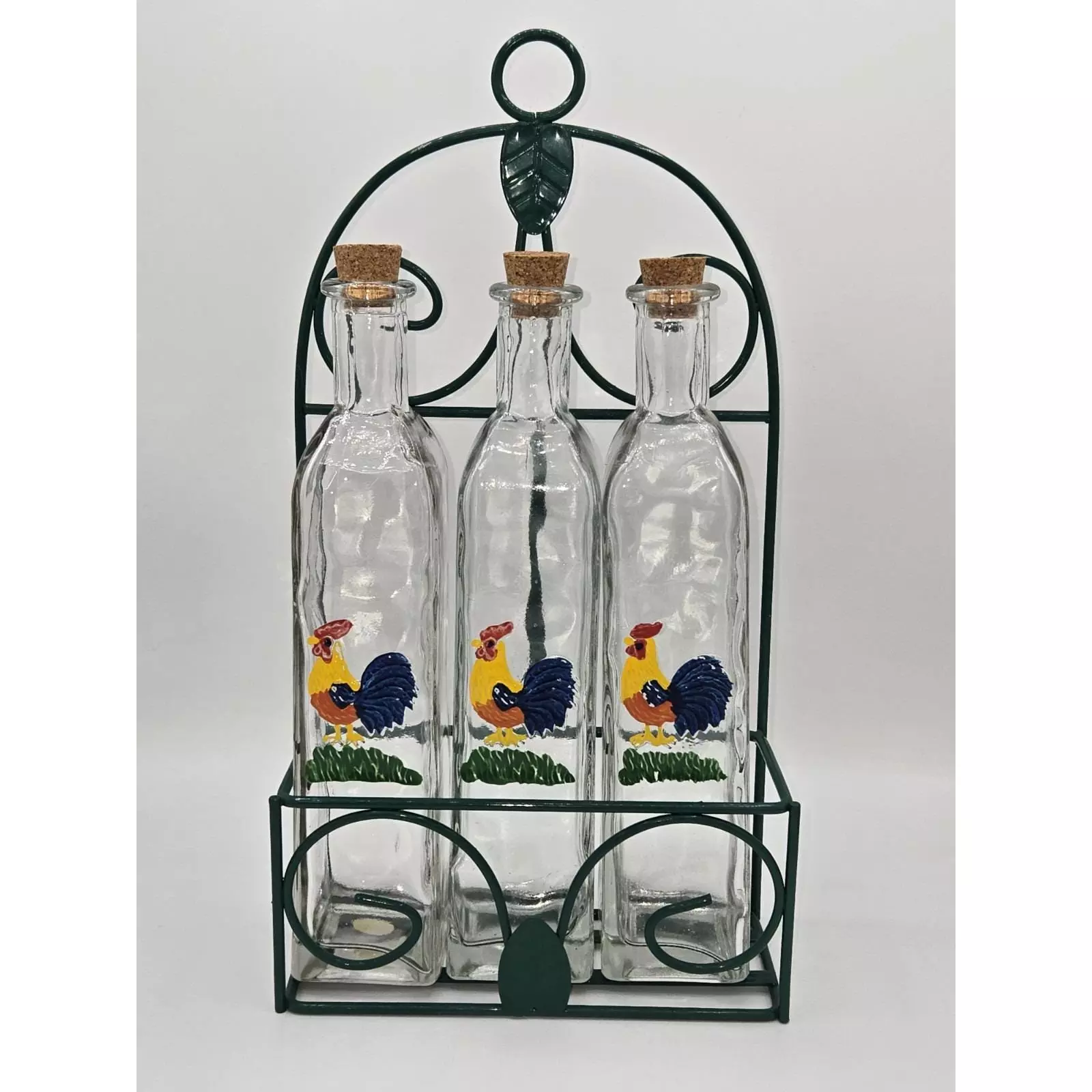 plant/Vintage Rooster Oil and Vinegar Glass Bottles In Holder Set of 3-0