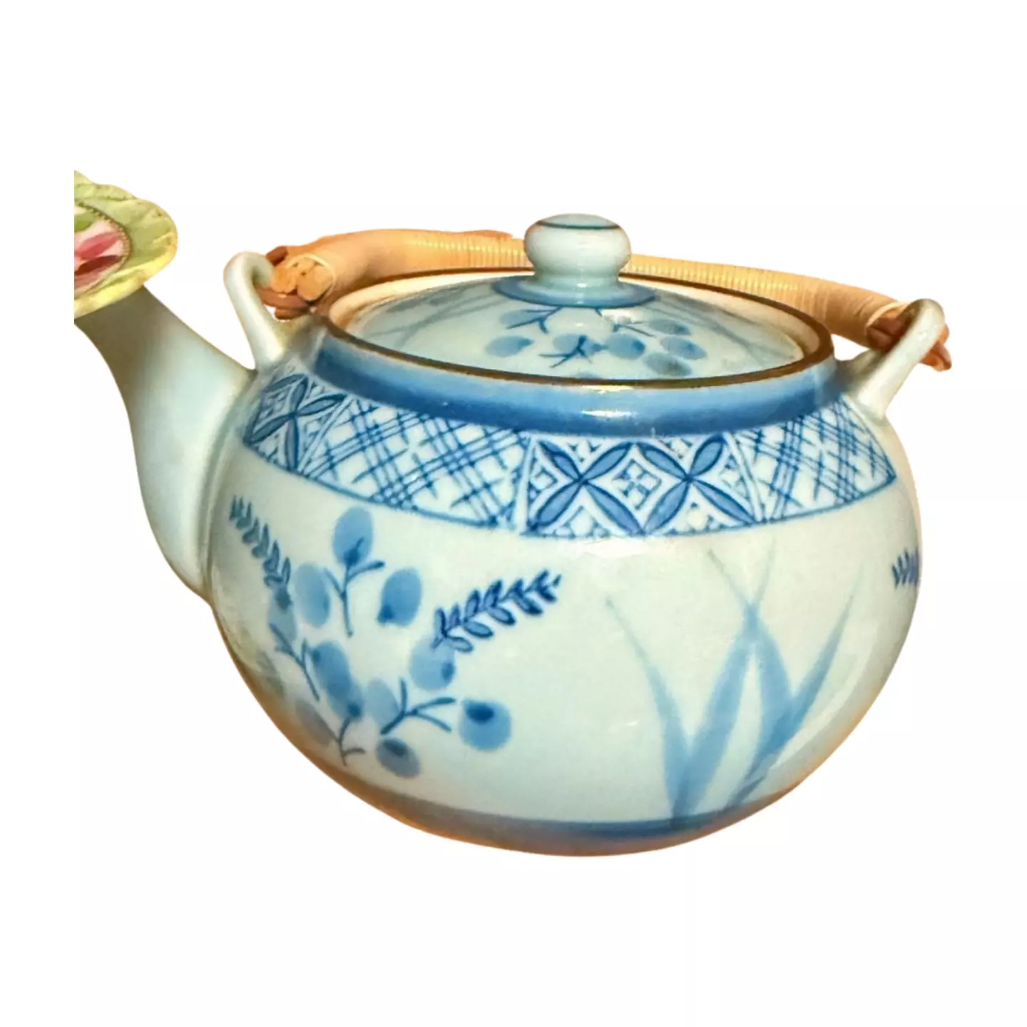 plant/blue and white teaqpot vintage wicker handle -0