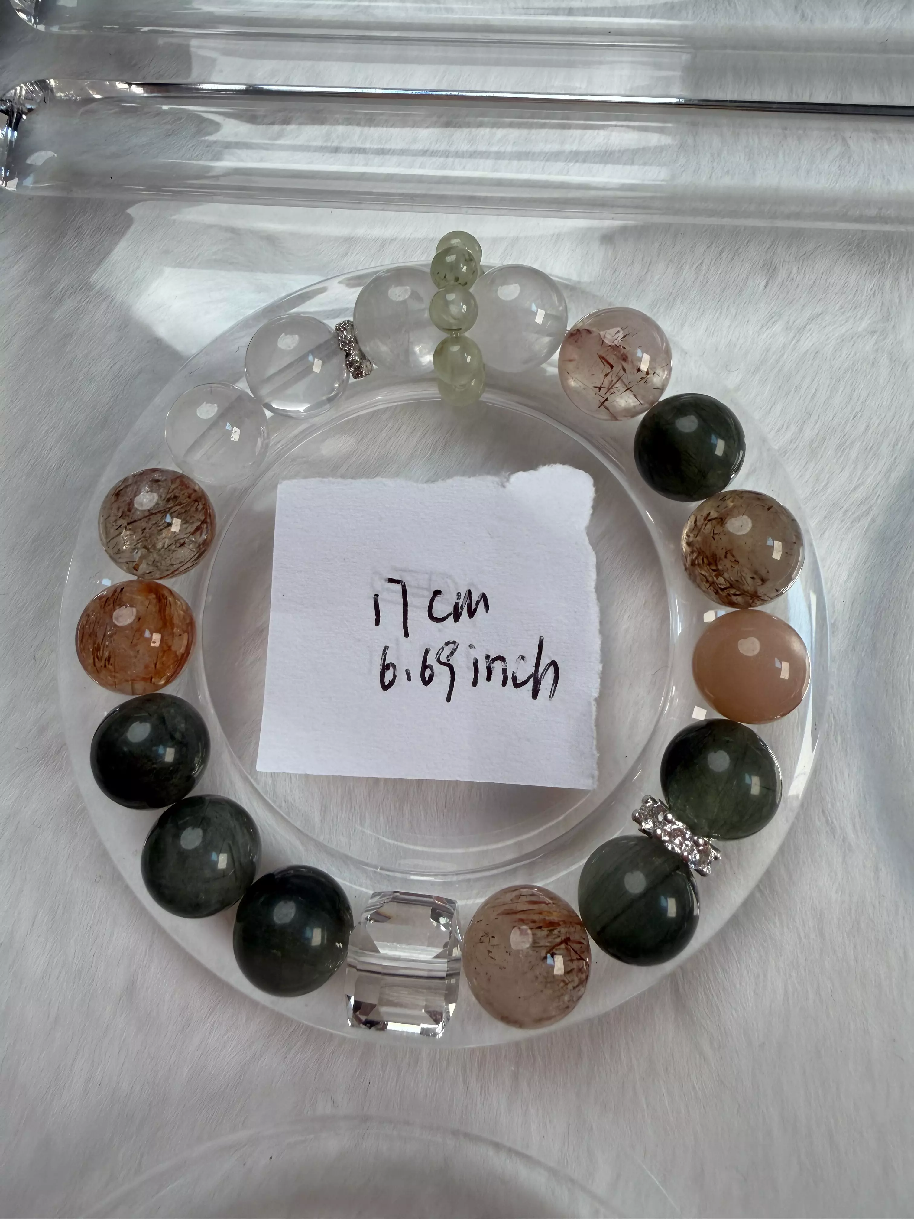plant/Natural Green Rutilated Quartz, Black Gold, and Phantom White Quartz Cube Beaded Bracelet -CC2509A002-0
