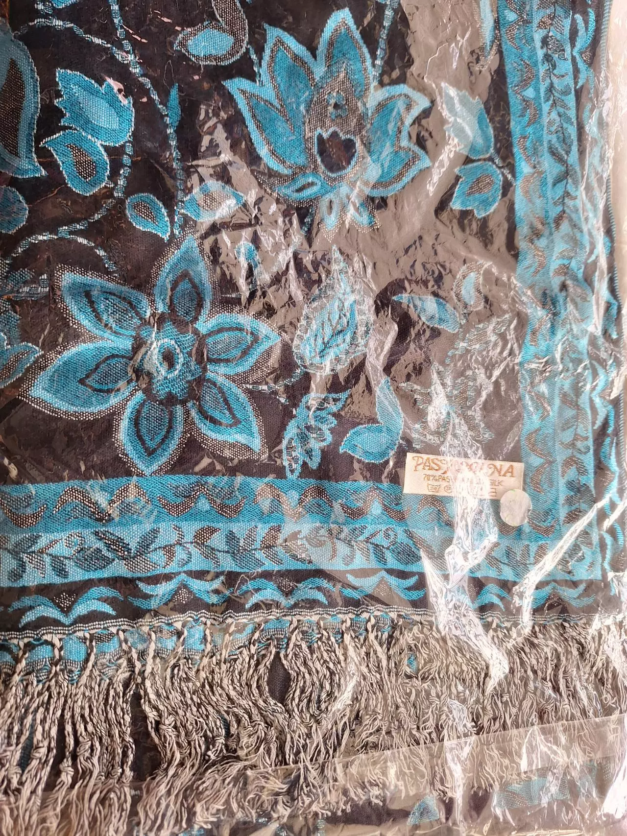 plant/70% Pashmina 30% Silk Scarf Black with Blue Flowers-1