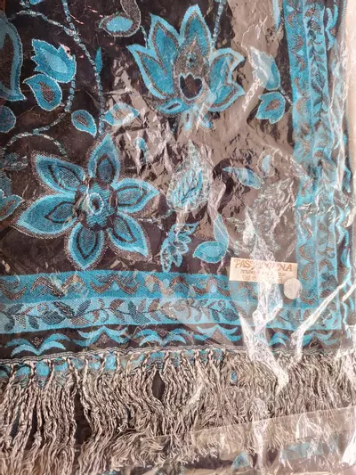 plant/70% Pashmina 30% Silk Scarf Black with Blue Flowers-1-thumbnail