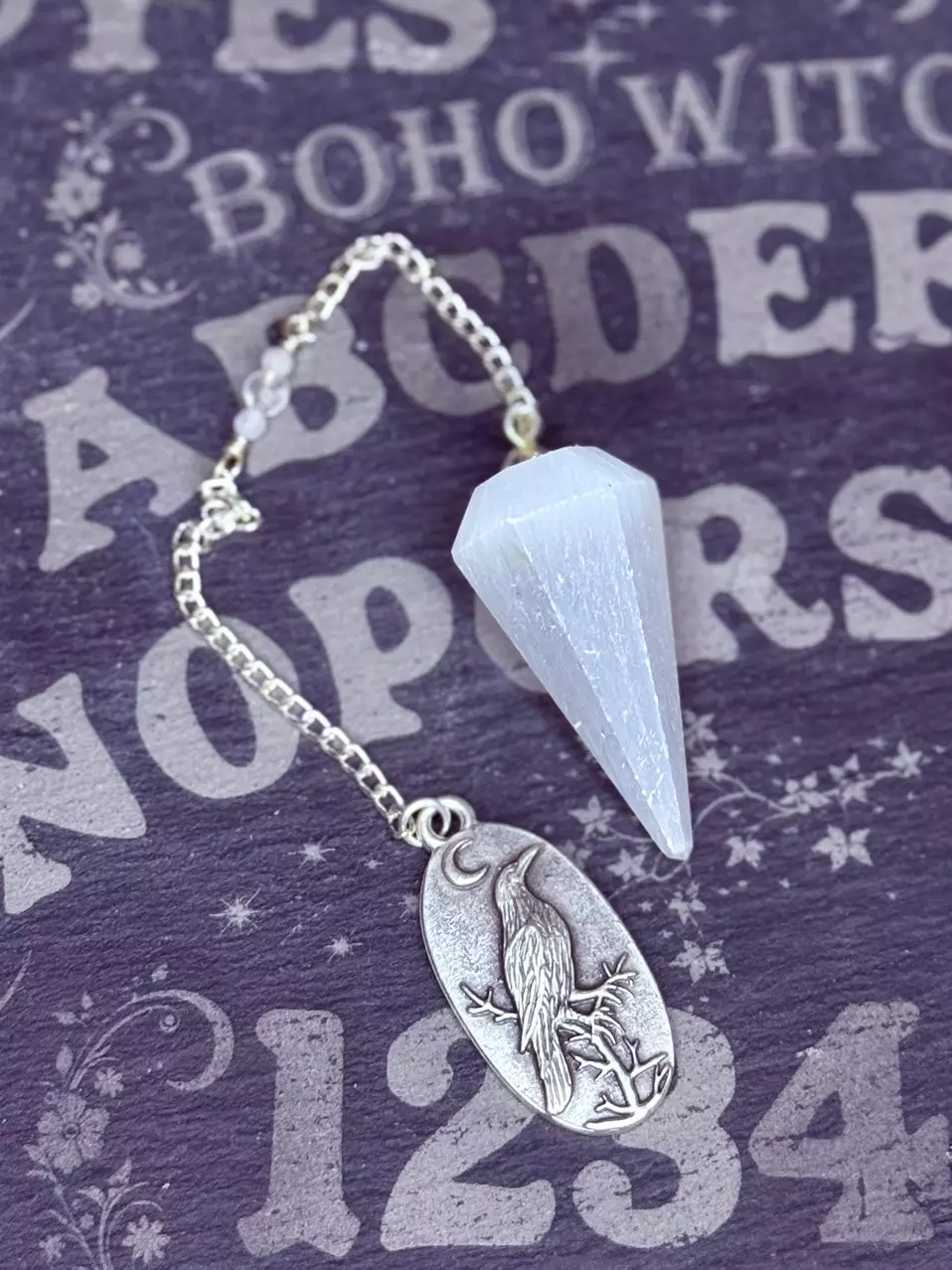 plant/Selenite pendulum with moonstone and clear quartz beads-0