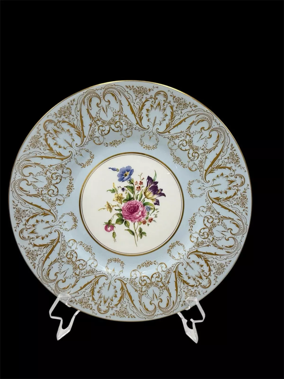 plant/Royal Worcester England Embellished Floral Light Blue Gold Trim Dinner 10” Plate-0