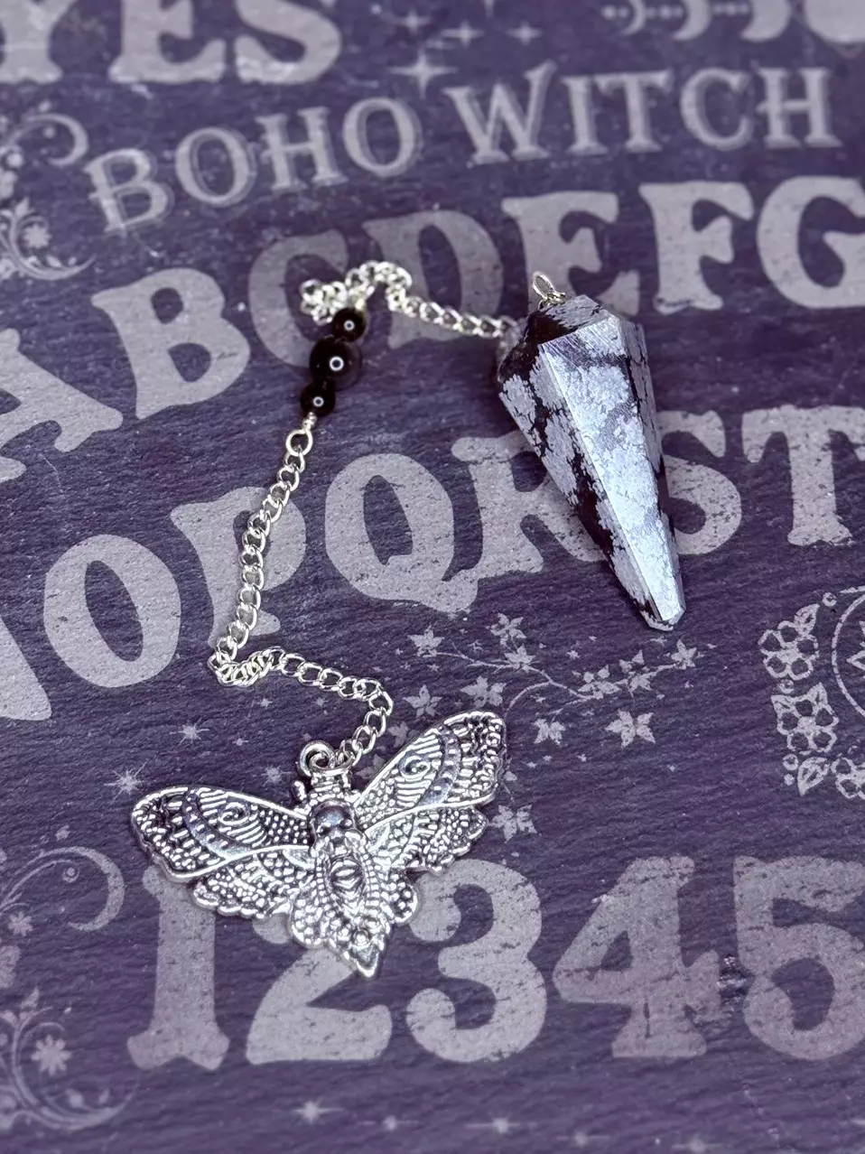plant/Snowflake obsidian pendulum with rainbow obsidian beads-0