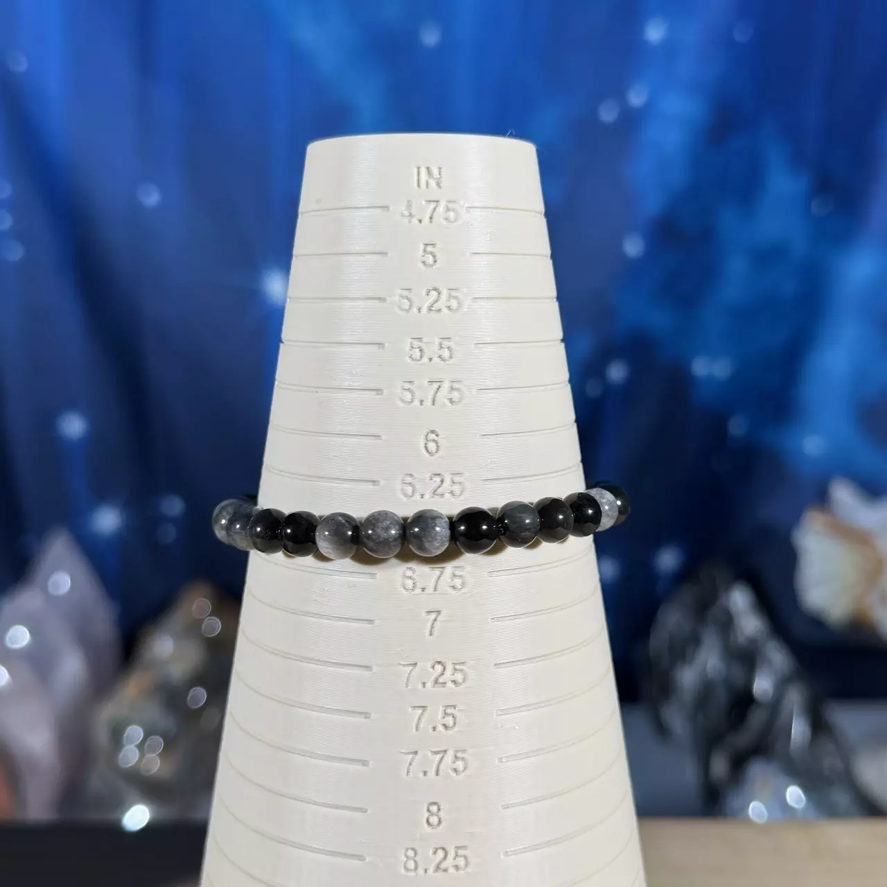 plant/One (1) silver-sheen Obsidian stretchy bracelet | 6mm beads | 6.5" wrist-1