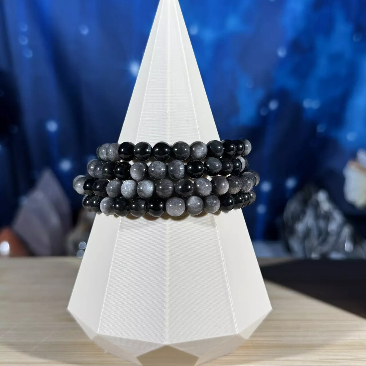plant/One (1) silver-sheen Obsidian stretchy bracelet | 6mm beads | 6.5" wrist-0