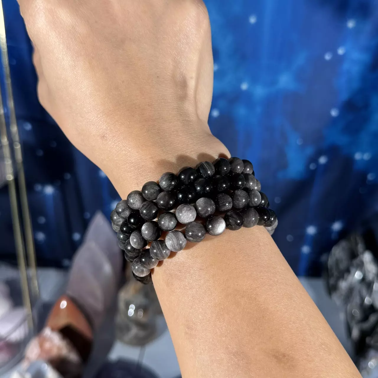 plant/One (1) silver-sheen Obsidian stretchy bracelet | 8mm beads | 6.5" wrist-2