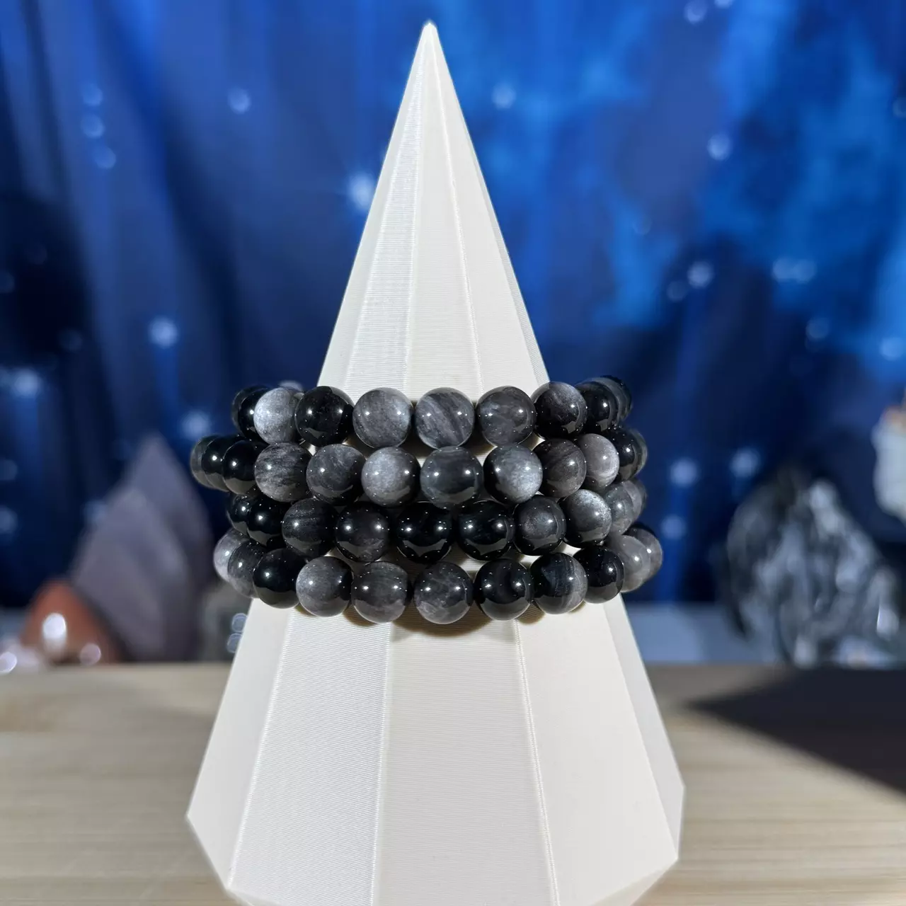 plant/One (1) silver-sheen Obsidian stretchy bracelet | 8mm beads | 6.5" wrist-0