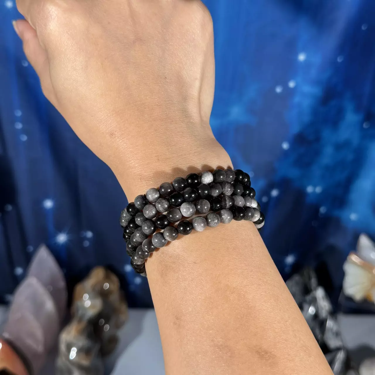 plant/One (1) silver-sheen Obsidian stretchy bracelet | 6mm beads | 6.5" wrist-2