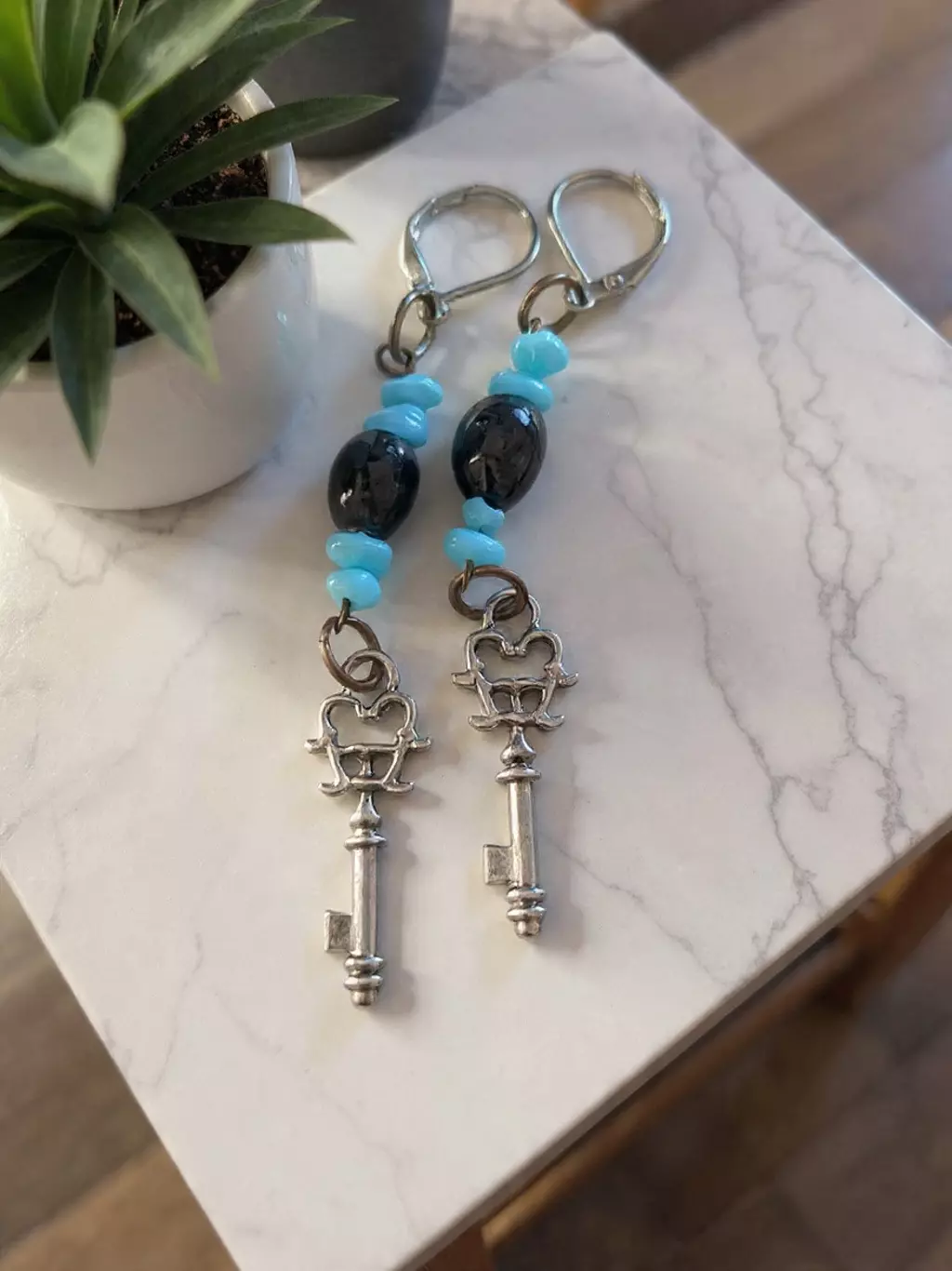 plant/vintage blue chipped bead earrings-0