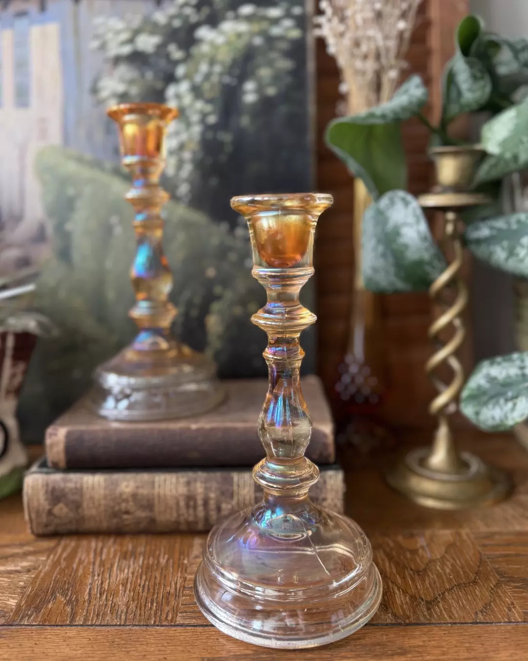 plant/Pair Iridescent Marigold carnival glass candlestick holders-0
