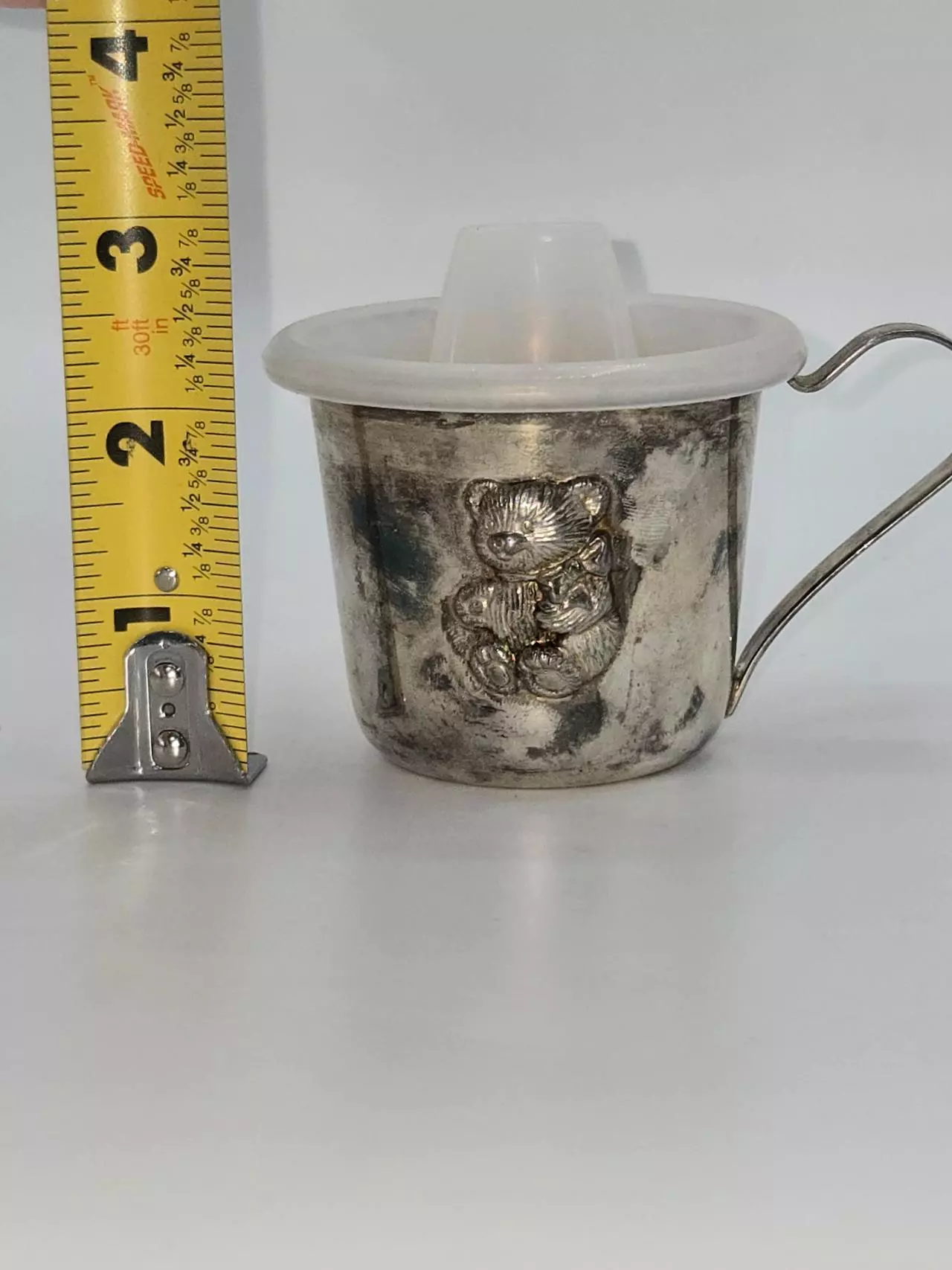 plant/Vintage Silver-Plated Baby Sippy Cup with Teddy Bear-1