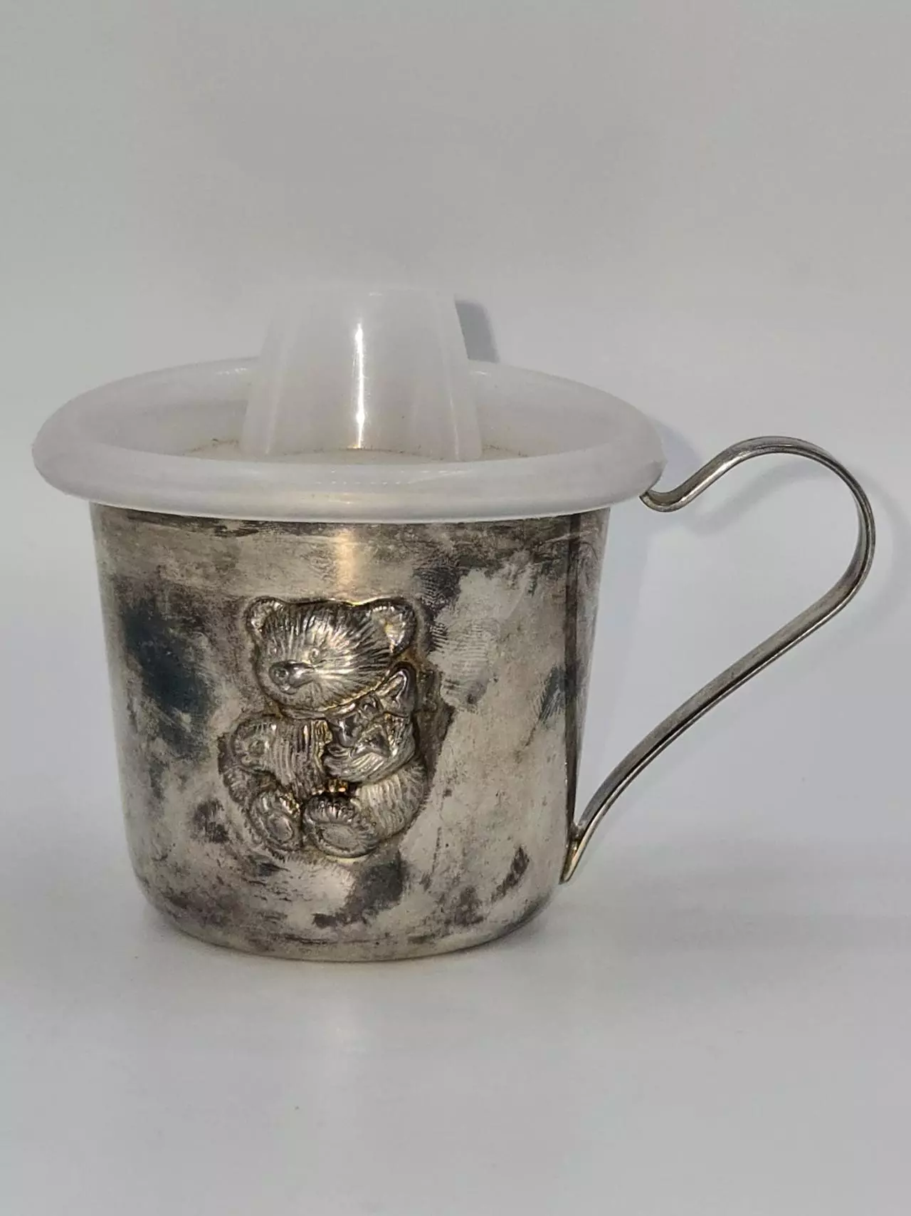 plant/Vintage Silver-Plated Baby Sippy Cup with Teddy Bear-0