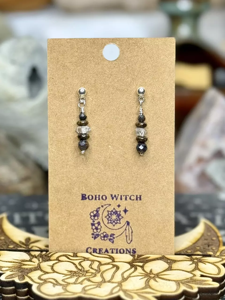 plant/Bronzite, pietersite, and herkimer diamond earrings-0