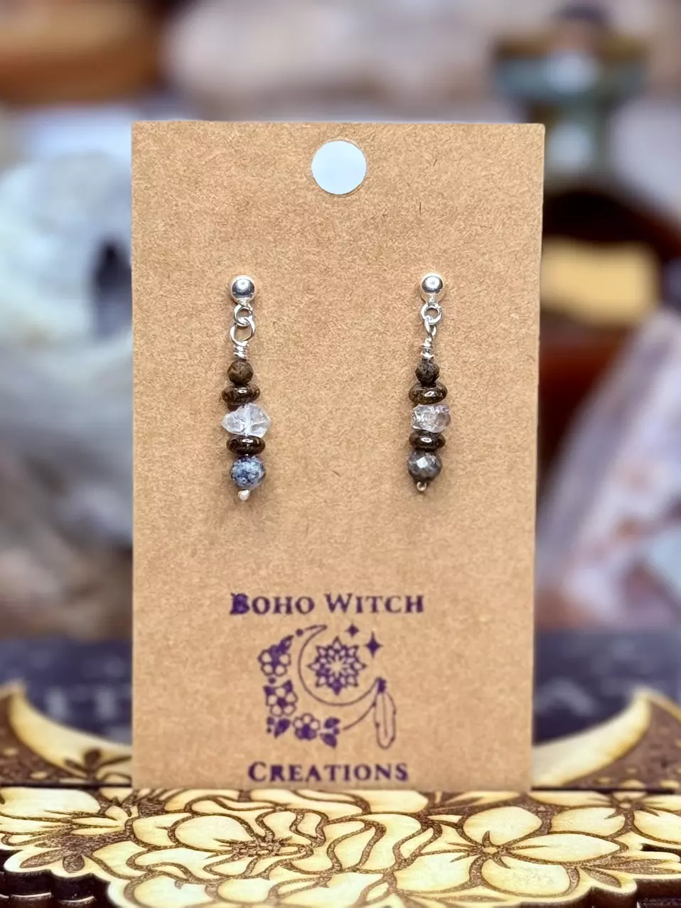 plant/Bronzite, pietersite, and herkimer diamond earrings-1