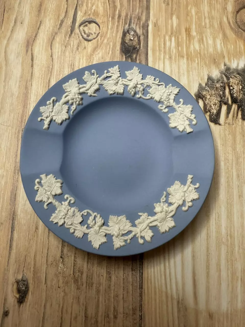 plant/#52 — Wedgwood Blue Jasperware Small Ashtray with Grape & Vine Relief (Boxed)-0