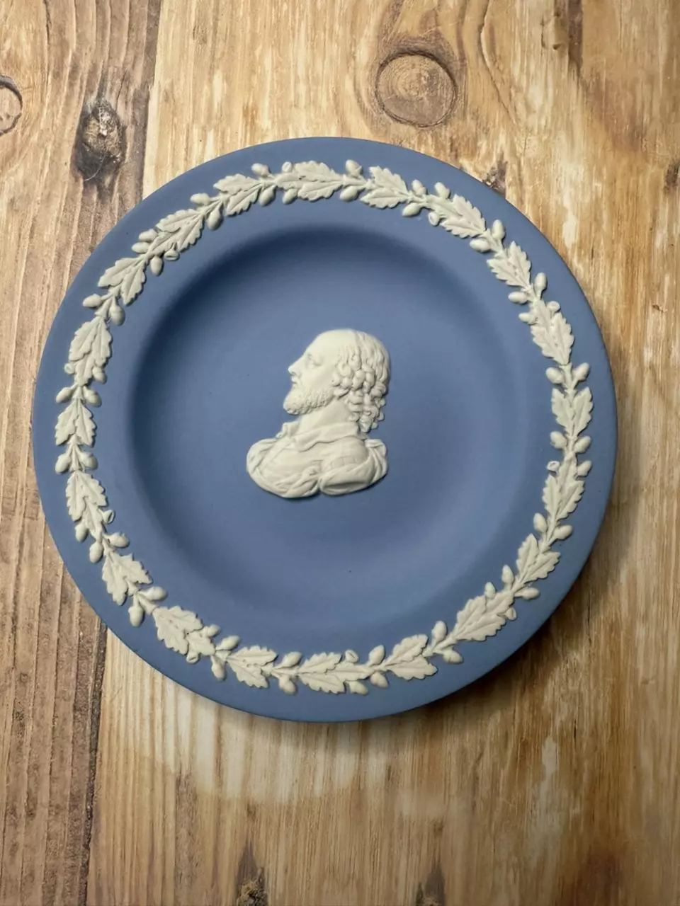 plant/#50 — Wedgwood Blue Jasperware Shakespeare Portrait Plate (4.5”)-0