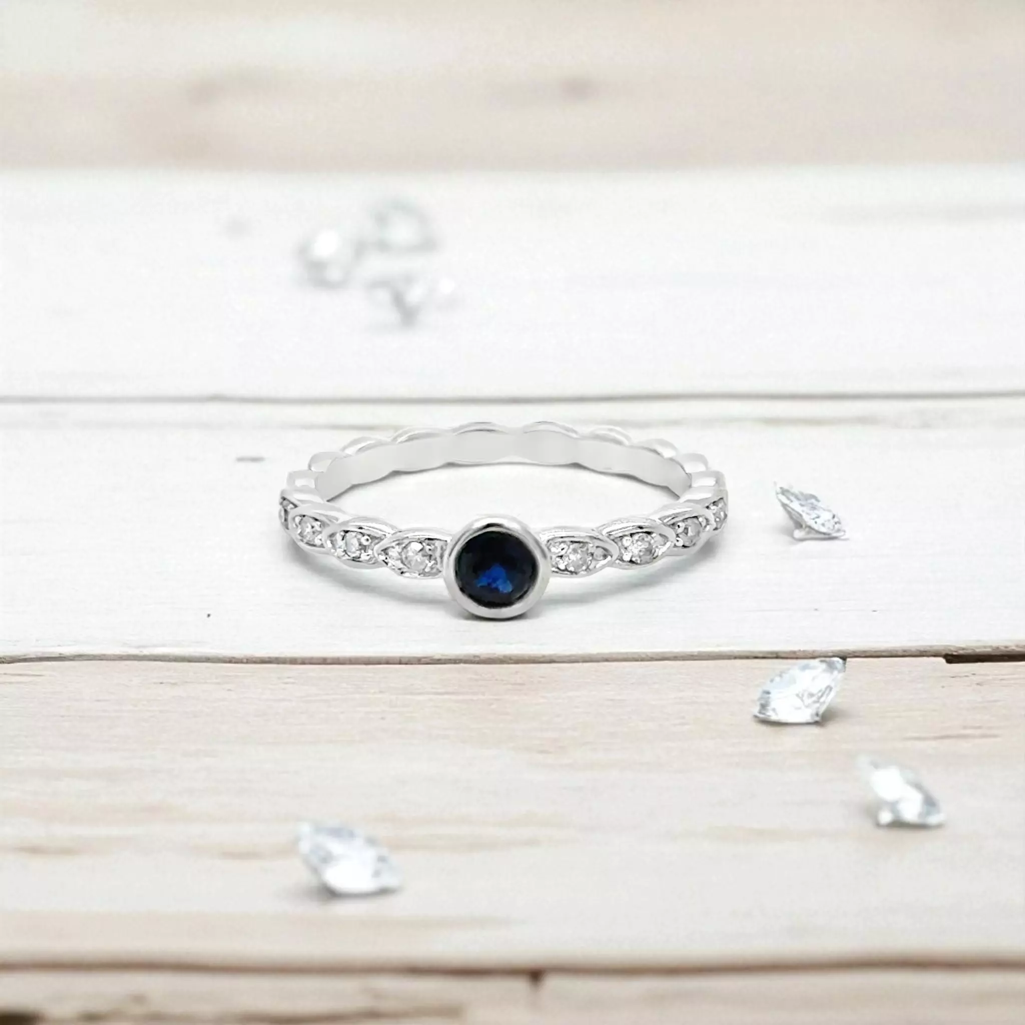 plant/Lab Created Blue Sapphire and Diamond Stackable Ring in 925 Sterling Silver-0