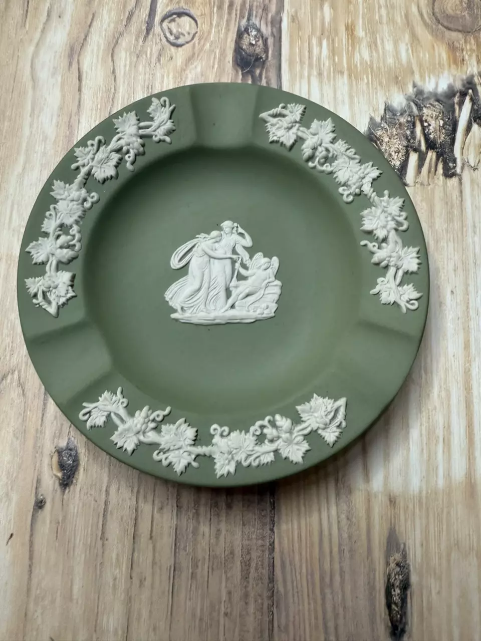 plant/#53 — Wedgwood Sage Green Jasperware Ashtray w/ Classical Scene & Grapevine Box-0