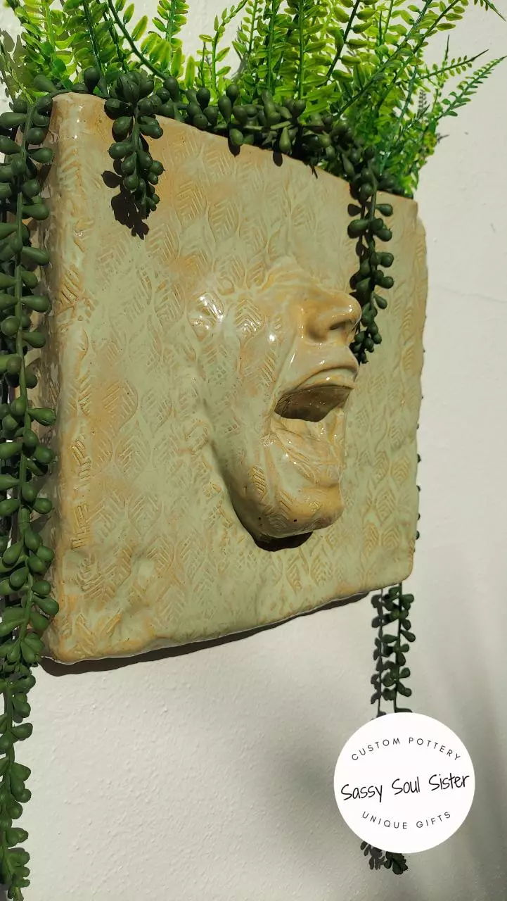 plant/NEW! Face through Wall Planter, Sassy Soul Sister, Ceramic Wall Planter,  Unique-2