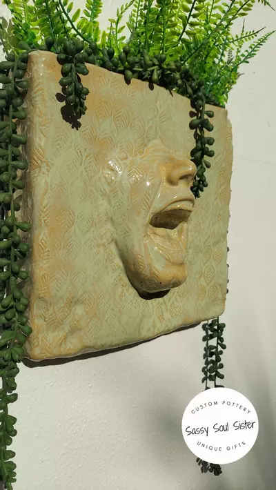 plant/NEW! Face through Wall Planter, Sassy Soul Sister, Ceramic Wall Planter,  Unique-2-thumbnail