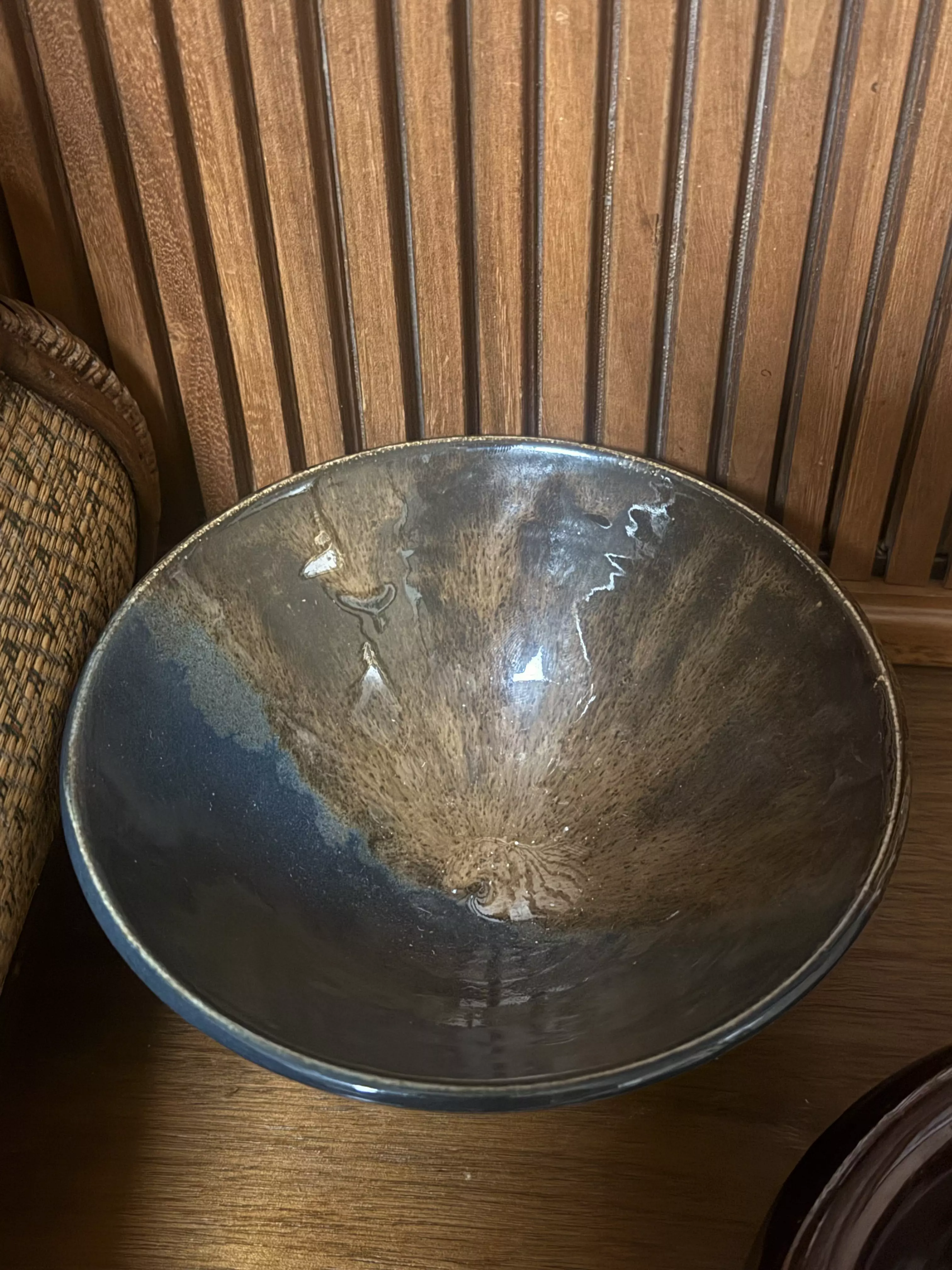 plant/Signed Pottery Bowl Blue Brown Glaze -0