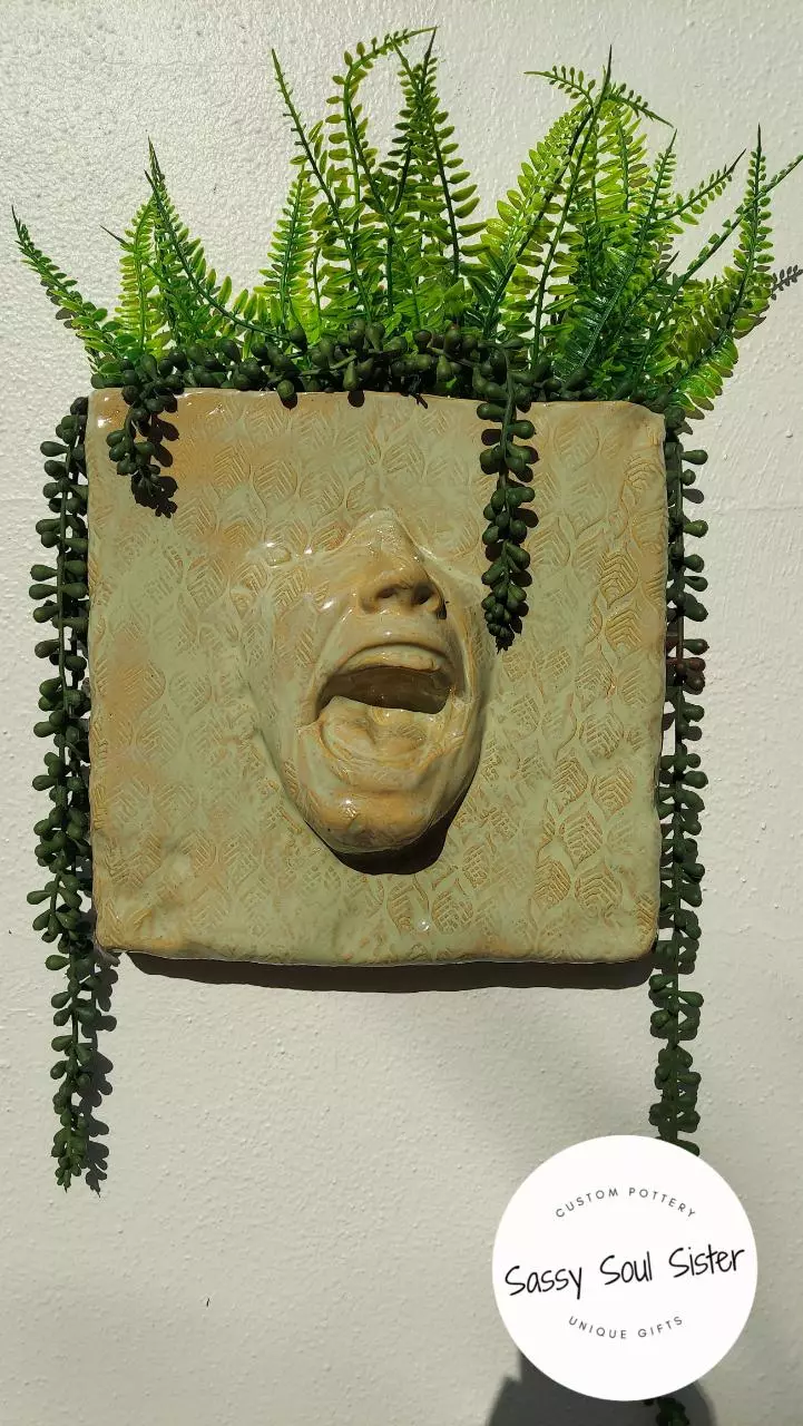 plant/NEW! Face through Wall Planter, Sassy Soul Sister, Ceramic Wall Planter,  Unique-0