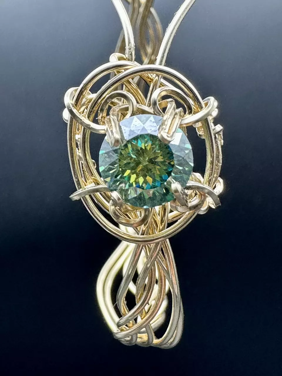 plant/Woven 14K Gold-Filled Cuff Bracelet: Peacock Green Moissanite-1