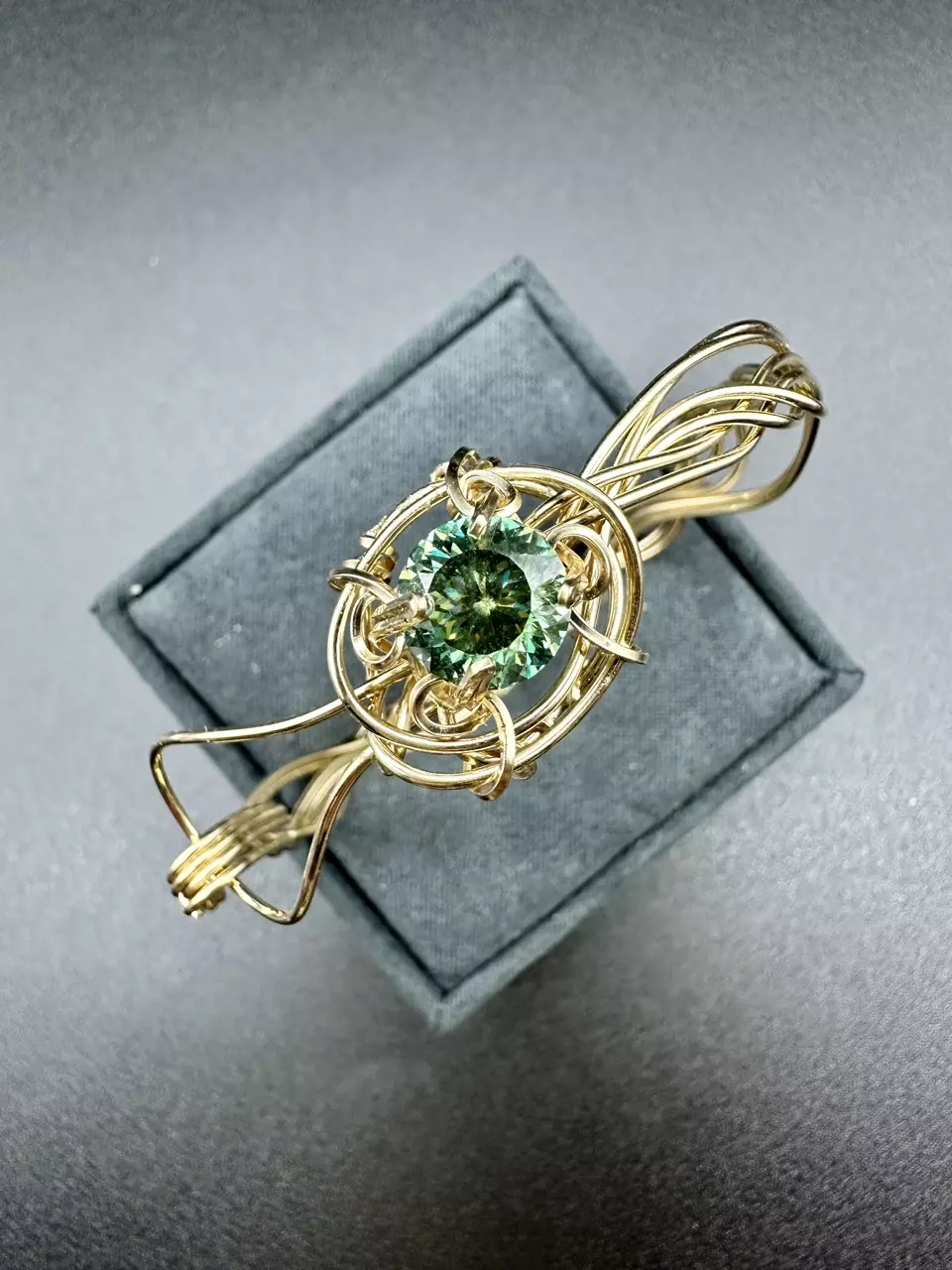 plant/Woven 14K Gold-Filled Cuff Bracelet: Peacock Green Moissanite-0