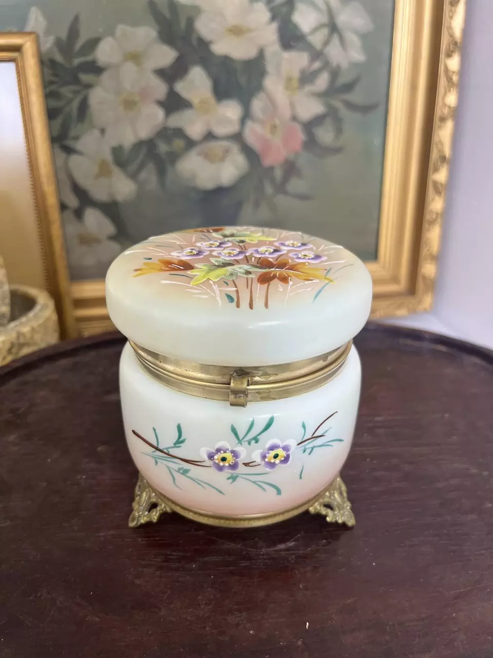 plant/White Opaline and floral enamel painted casket box-0