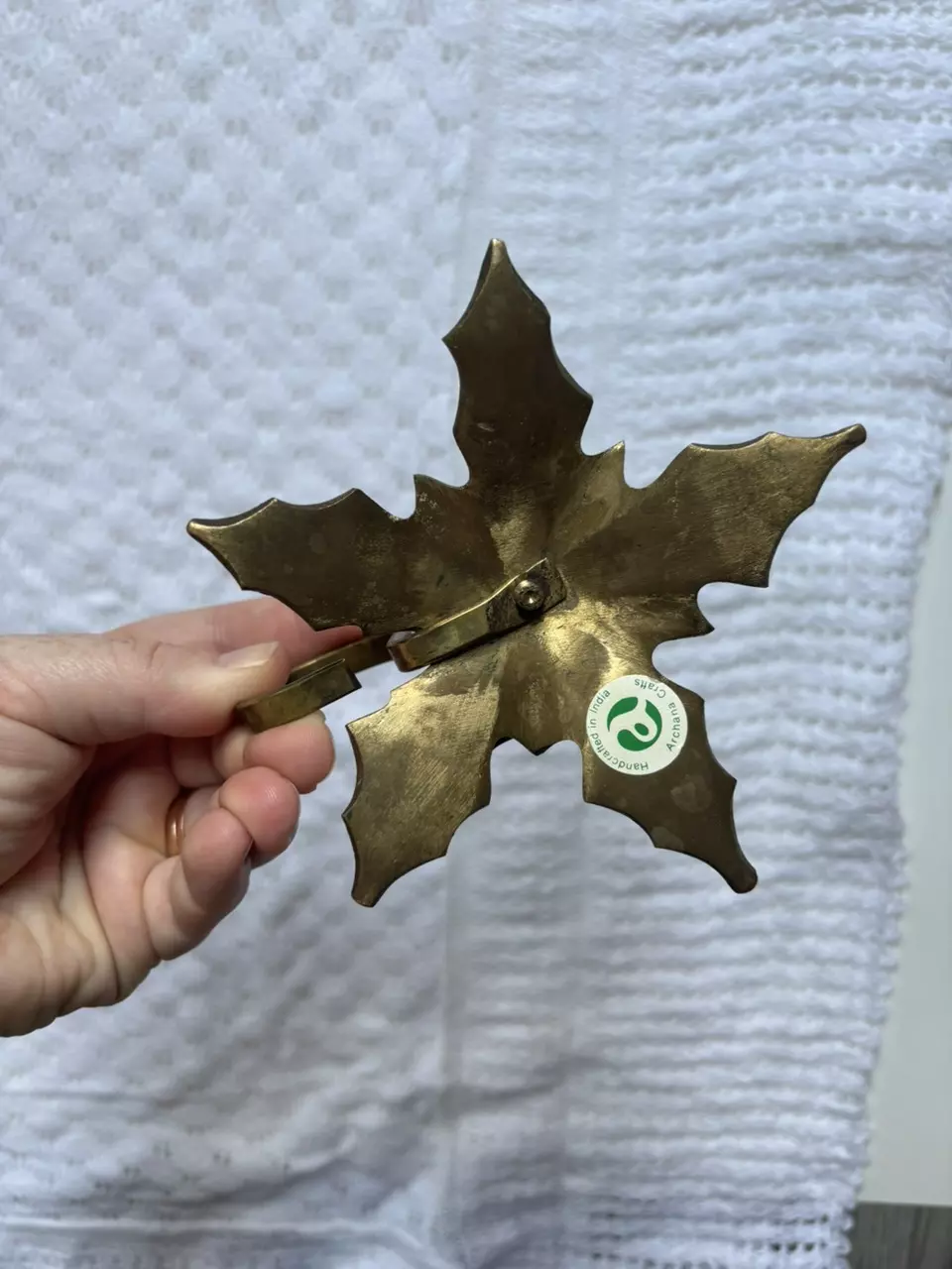 plant/Vtg Brass Holly Leaf Candlestick Holder-2