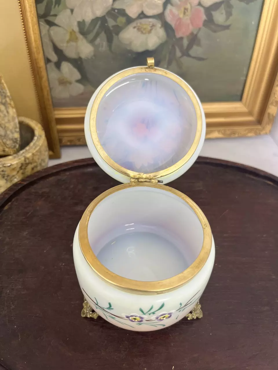 plant/White Opaline and floral enamel painted casket box-1