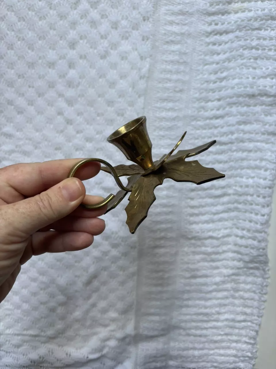 plant/Vtg Brass Holly Leaf Candlestick Holder-0