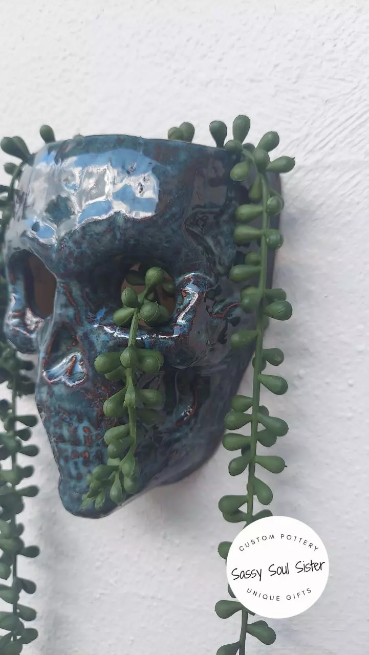 plant/NEW!  Skull Planter, Sassy Soul Sister, Handmade Ceramic Wall Planter,  Unique-1