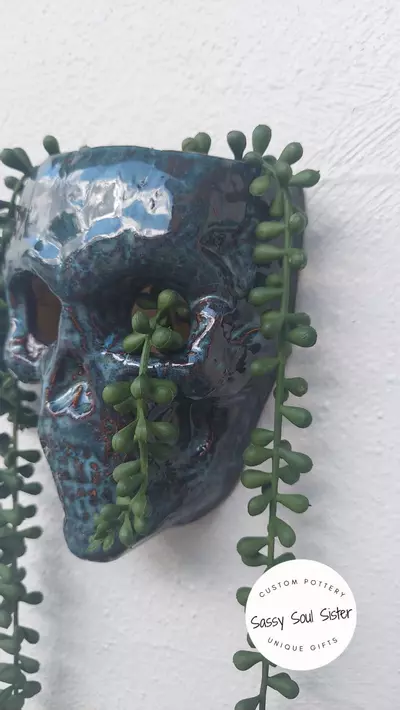 plant/NEW!  Skull Planter, Sassy Soul Sister, Handmade Ceramic Wall Planter,  Unique-1-thumbnail