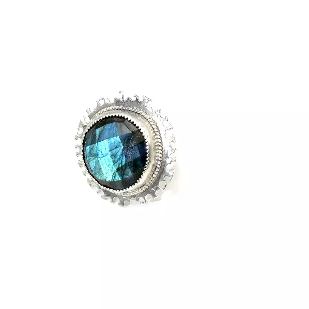 plant/Blue Labradorite Sterling Silver Ring: Modern Baroque Handmade Jewelry, Size 4.5-6
