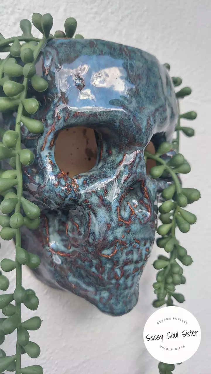 plant/NEW!  Skull Planter, Sassy Soul Sister, Handmade Ceramic Wall Planter,  Unique-0