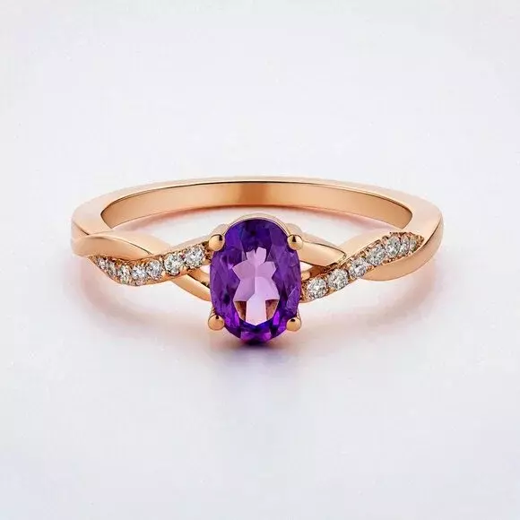 plant/Oval Amethyst and CZ Twist Ring in Rose Gold Plated 925 Sterling Silver-0