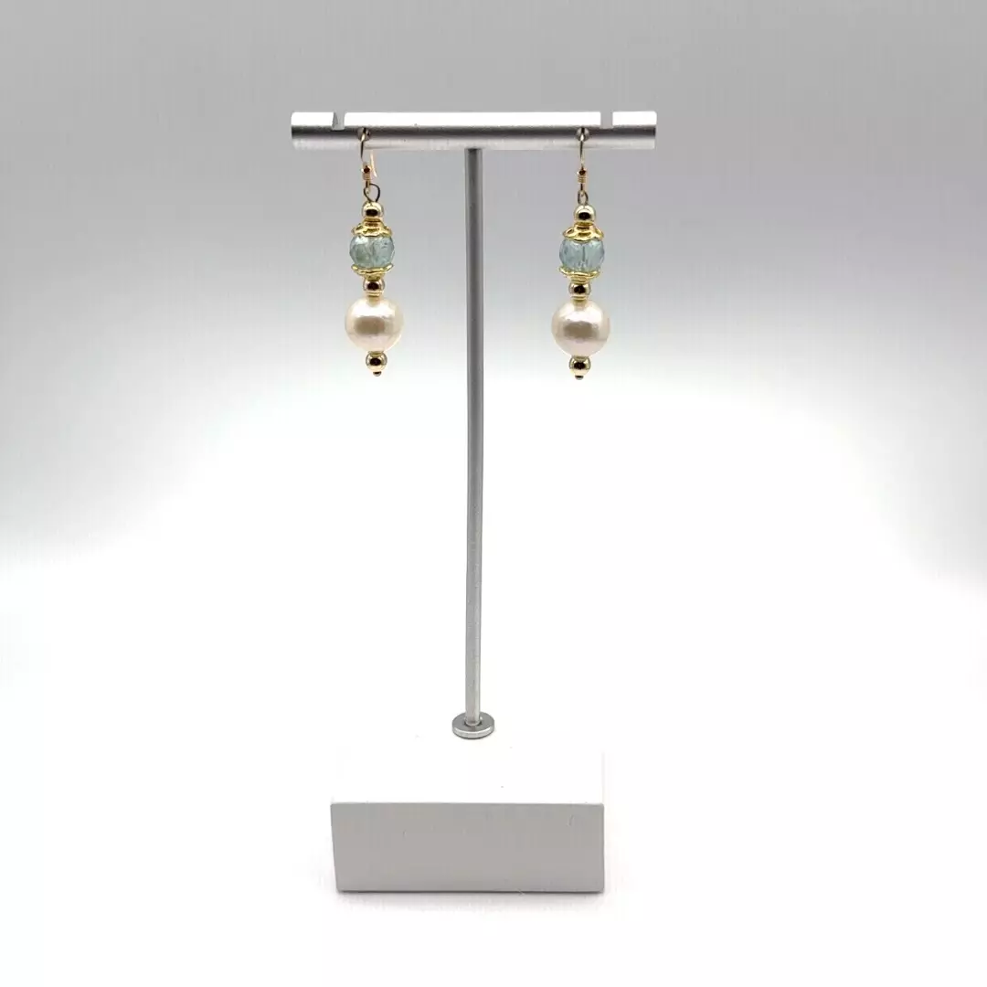 plant/Genuine natural blue topaz and freshwater cultured Edison white pearl earrings-7