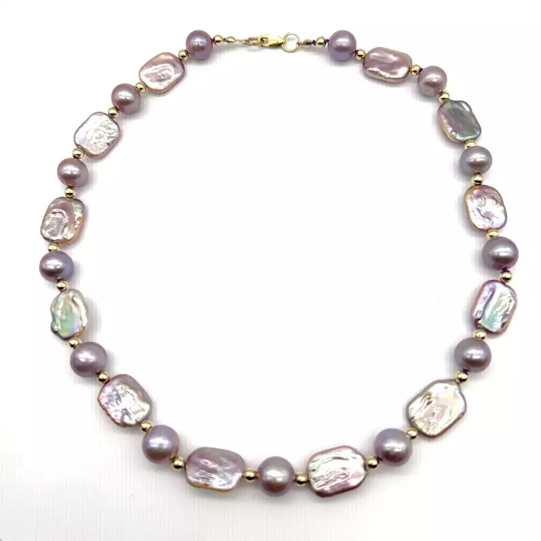 plant/Large Purple Edison Pearl Necklace: Baroque Rectangular Pearls, 14K Gold-Filled-5