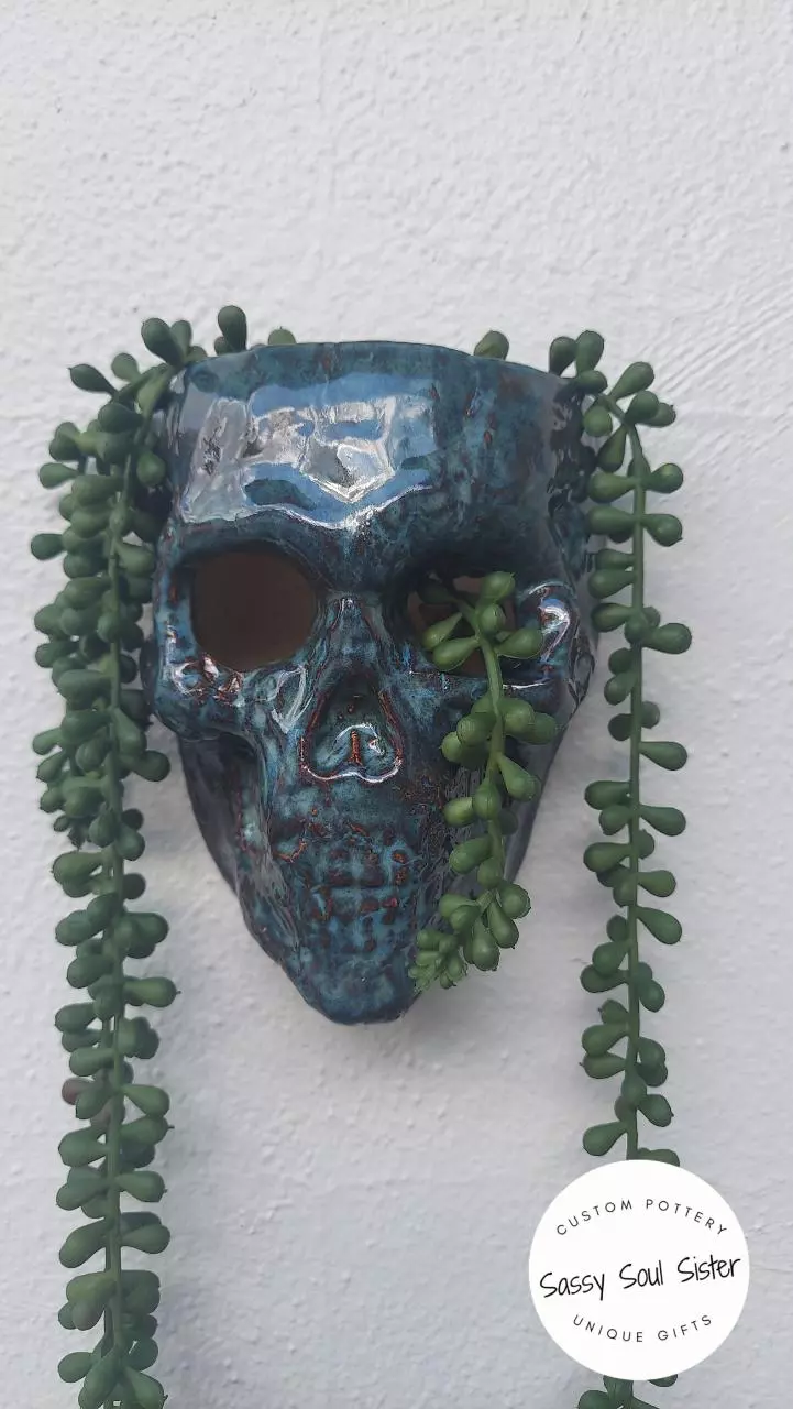 plant/NEW!  Skull Planter, Sassy Soul Sister, Handmade Ceramic Wall Planter,  Unique-2