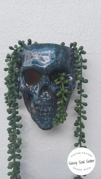 plant/NEW!  Skull Planter, Sassy Soul Sister, Handmade Ceramic Wall Planter,  Unique-2-thumbnail